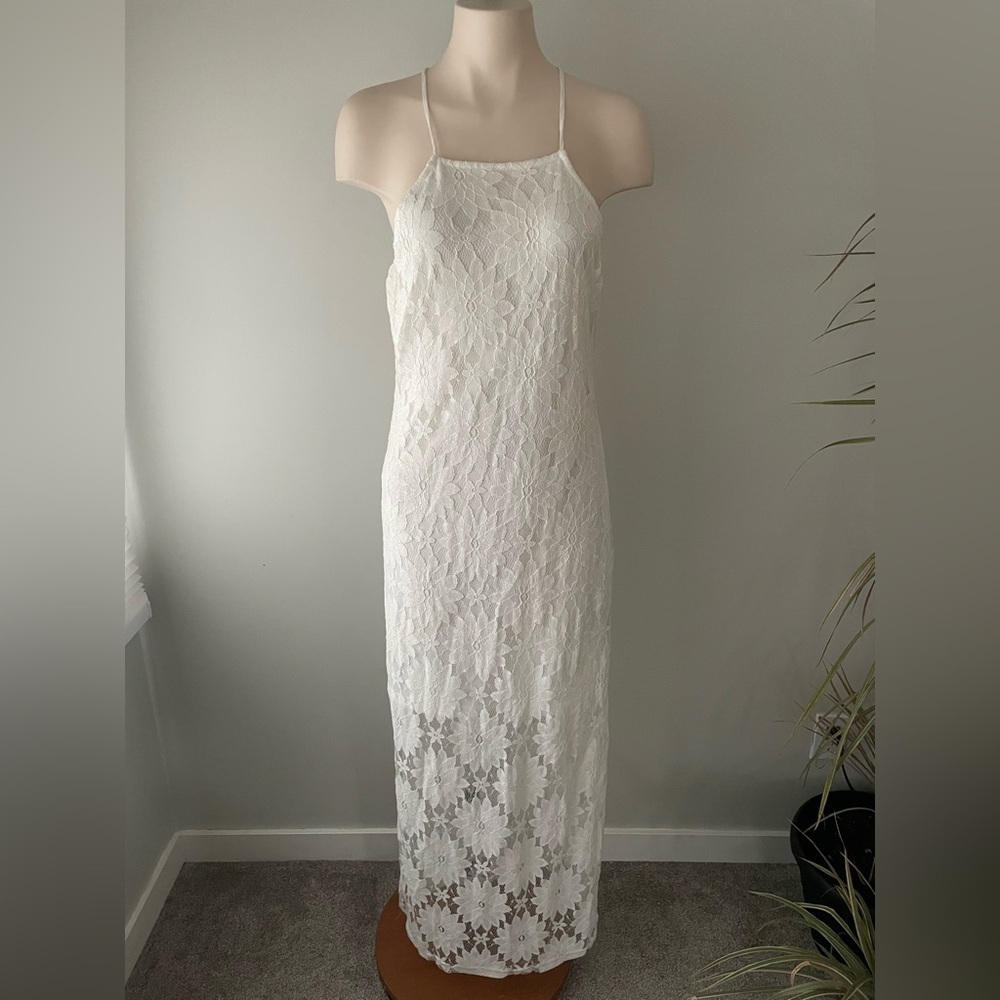 Solitaire Swim Lace Maxi Dress Tie Up Floor Length White Boho Size Small